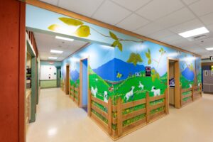 Hallway intersection with a farm mural